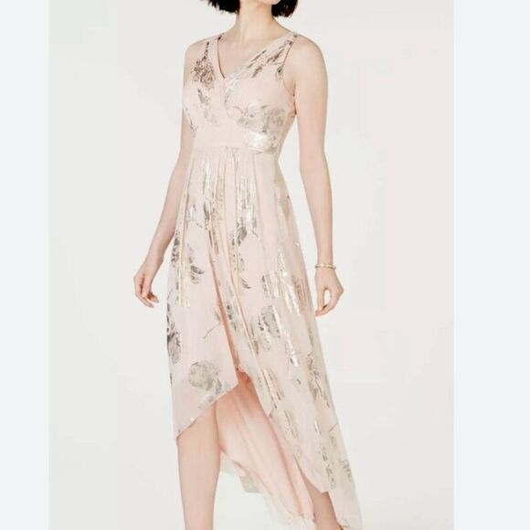 Jessica Howard A-Line High Low Gold Foil Pink Gown Formal Dress Size 14 - Picture 1 of 7